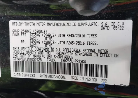 2022 Toyota Tacoma Sr5 from USA, damaged, VIN 3TYAX5GN3NT057428